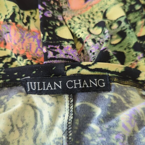 Julian Chang Abstract Art colorful Ruched Drawstring Mini Dress Dolman sleeves M - Picture 12 of 16